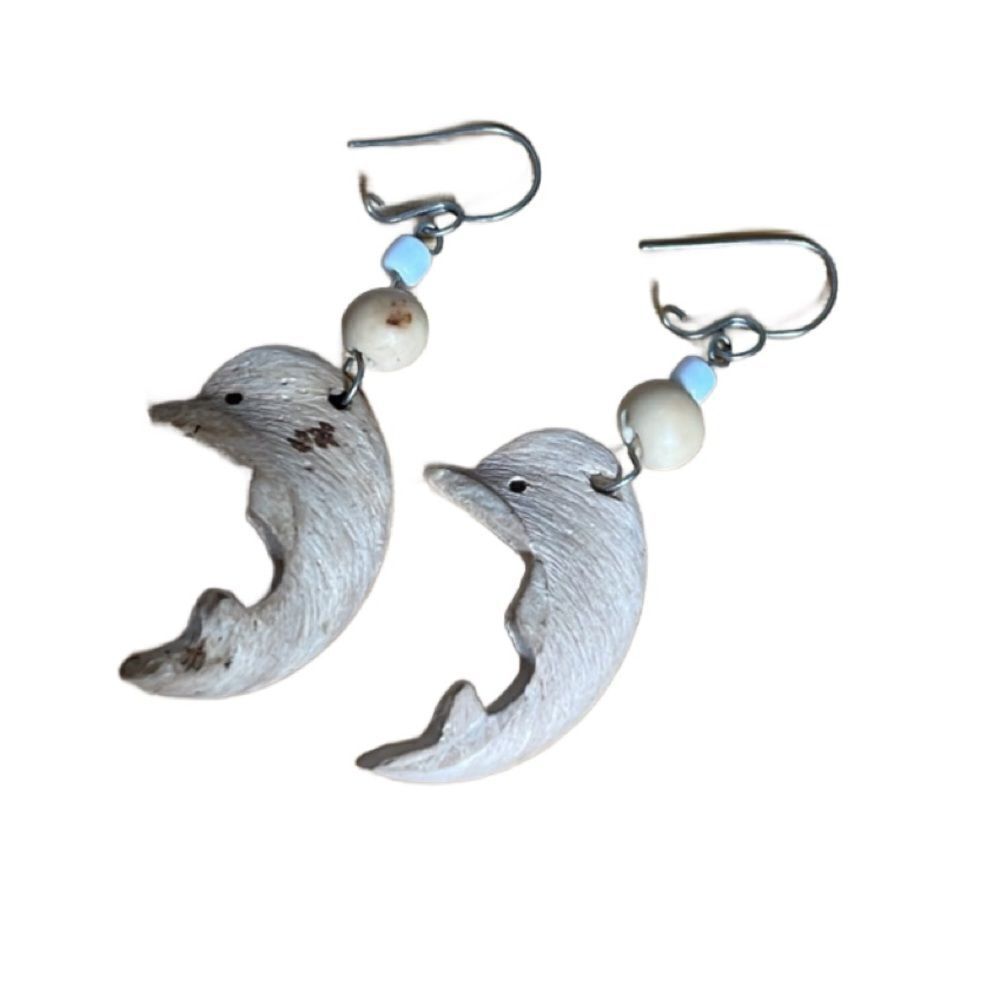 Vintage Brazilian Wooden Dolphin Earrings with Beads (Purchased in Brazil)